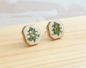 Hand-Painted Ceramic Christmas Tree Stud Earrings with Gold Lustre | Sterling Silver Posts