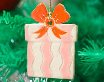 Handmade Ceramic Christmas Present with Bow Ornament: Colorful Stoneware Clay Xmas Decor