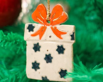 Handmade Ceramic Christmas Present with Bow Ornament: Colorful Stoneware Clay Xmas Decor
