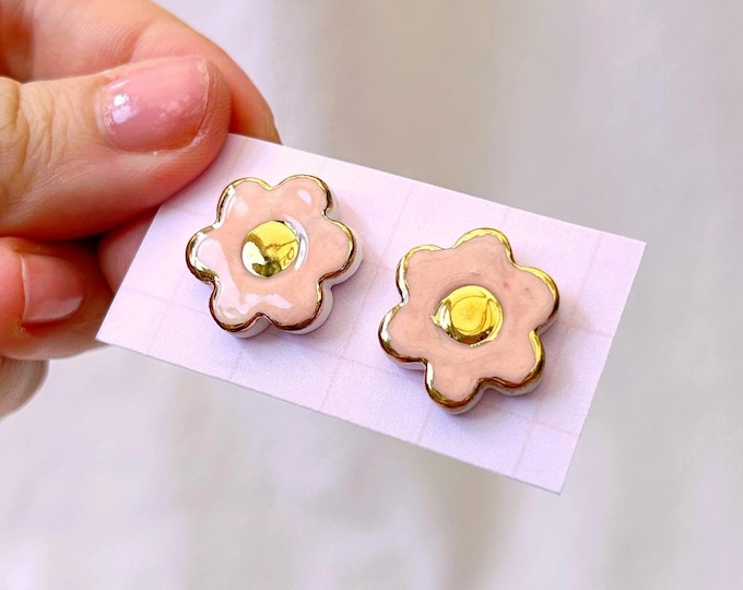 Hand-Painted Porcelain Flower Stud Earrings with Gold Lustre