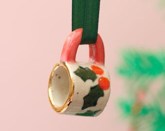 Hand-Painted Mini Mug Ornament With Christmas Berries :  Stoneware Ceramic with Gold Lustre