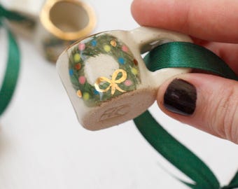 Hand-Painted Wreath Ornament: Mini Ceramic Mug with Gold Lustre
