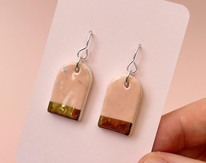 Handmade Ceramic Earrings - Hand-Painted Drop Earrings with Sterling Silver Hooks - Gold Lustre Detail