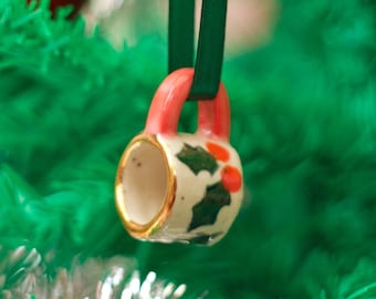 Hand-Painted Mini Mug Ornament With Christmas Berries :  Stoneware Ceramic with Gold Lustre