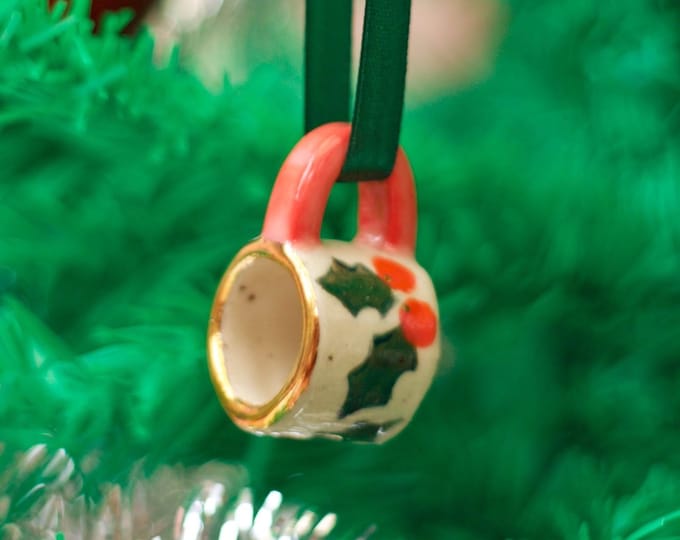 Featured listing image: Hand-Painted Mini Mug Ornament With Christmas Berries :  Stoneware Ceramic with Gold Lustre