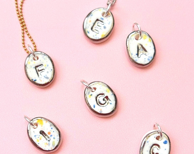 Handmade Porcelain Pendant Initial - Alphabet Letter - Silver colour  (pendant only)