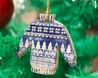 Christmas Tree Ornament with Blue Glaze - Festive Jumper Design
