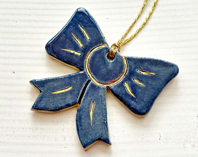 Handmade Ceramic Christmas Bow Ornament: Stoneware Clay Xmas Decor