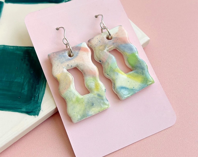 Handmade Ceramic Earrings - Hand-Painted Drop Earrings with Sterling Silver Hooks