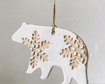 White Speckled Polar Bear Christmas Ornament - Ceramic Tree Decoration with Snowflake Detail