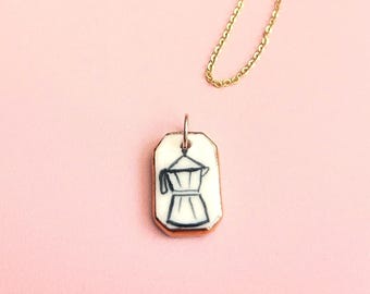 Handmade Ceramic Espresso Coffee Moka Pot Pendant (2cm): Gold Luster Edge