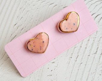 Hand-Painted Ceramic Heart Stud Earrings with Gold Lustre