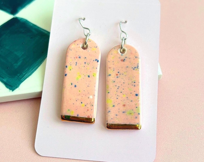 Handmade Ceramic Earrings - Hand-Painted Drop Earrings with Sterling Silver Hooks - Gold Lustre Detail