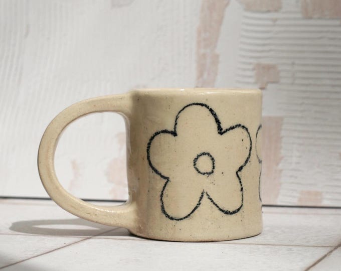 Handmade Stoneware Espresso Mug: Black Floral Pencil Drawing Cup