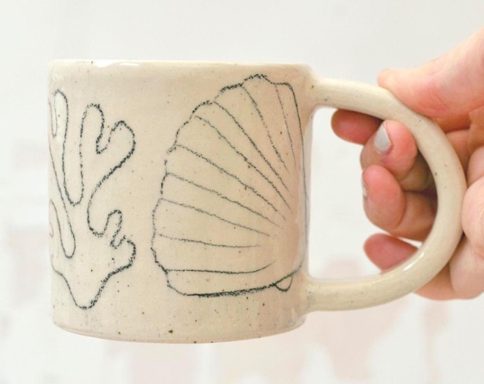Handmade Ceramic Mug with shell Pencil Drawing and Floral Pattern - High-Fired Stoneware Pottery