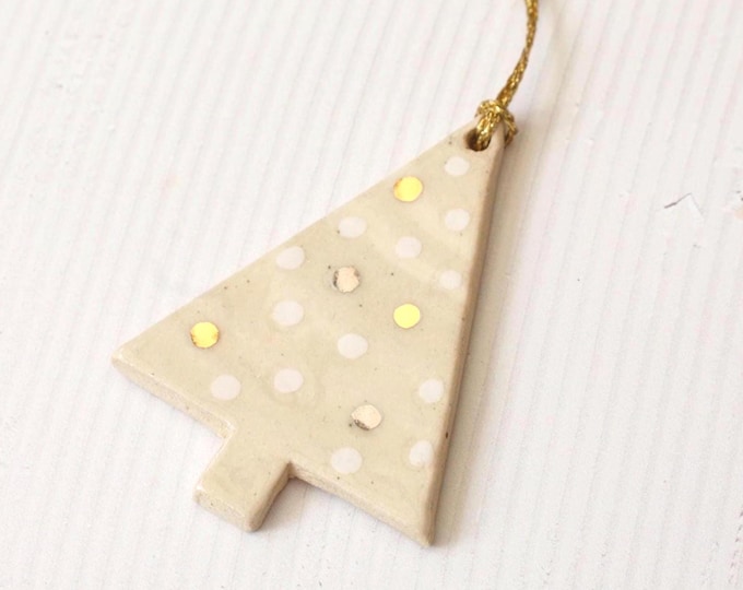 Handmade Ceramic Christmas Tree Ornament: Stoneware Clay Xmas Decor, Gold and Platinum Lustre