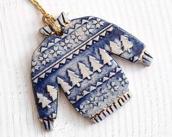 Christmas Tree Ornament with Blue Glaze - Festive Jumper Design