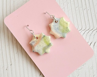 Handmade Ceramic Earrings - Hand-Painted Star Drop Earrings with Sterling Silver Hooks