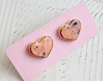Hand-Painted Ceramic Heart Stud Earrings with Gold Lustre