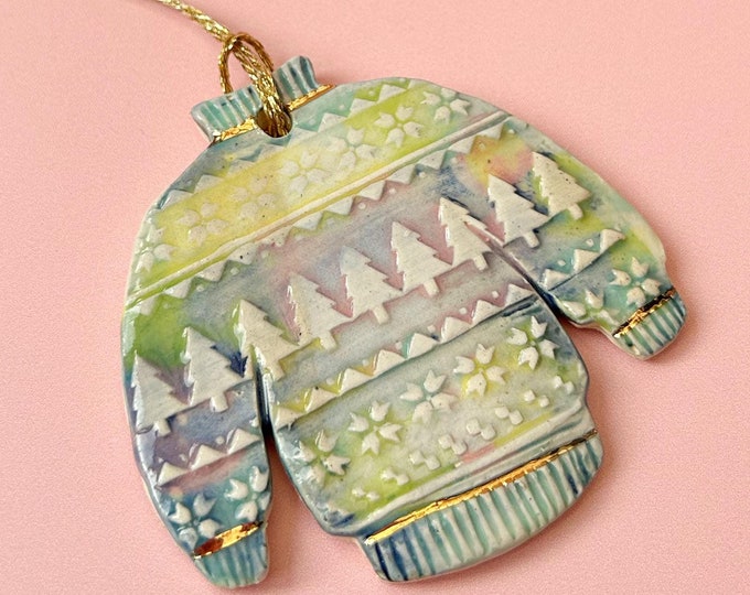 Christmas Tree Ornament with Colourful Glaze - Festive Jumper Design