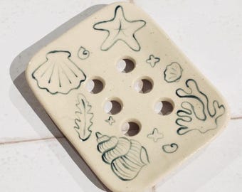 Handmade Ceramic Soap Dish: Sea Shell Pottery, Speckled Clay with Drainage