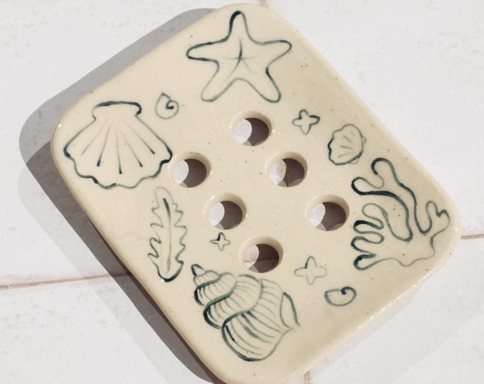 Handmade Ceramic Soap Dish: Sea Shell Pottery, Speckled Clay with Drainage