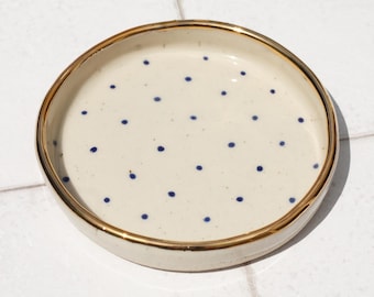 Hand-Painted Blue Polka Dot Stoneware Dish: Gold Lustre Edge