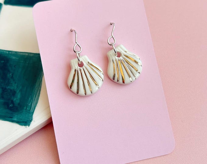 Handmade Ceramic Earrings - Shell Drop Earrings with Sterling Silver Hooks - Gold Lustre Detail