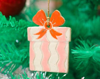 Handmade Ceramic Christmas Present with Bow Ornament: Colorful Stoneware Clay Xmas Decor
