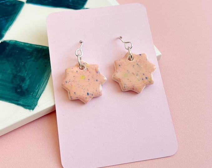 Handmade Ceramic Earrings - Hand-Painted Star Drop Earrings with Sterling Silver Hooks