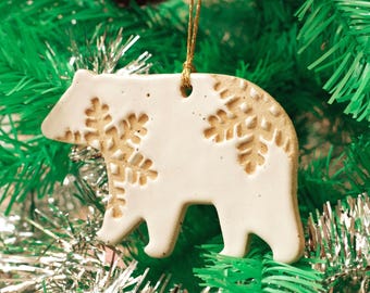 White Speckled Polar Bear Christmas Ornament - Ceramic Tree Decoration with Snowflake Detail