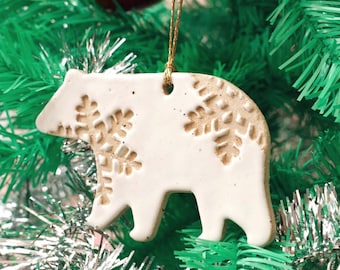 White Speckled Polar Bear Christmas Ornament - Ceramic Tree Decoration with Snowflake Detail