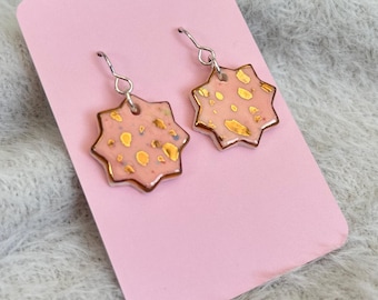 Handmade Ceramic Earrings - Hand-Painted Star Drop Earrings with Sterling Silver Hooks - Gold Lustre Detail