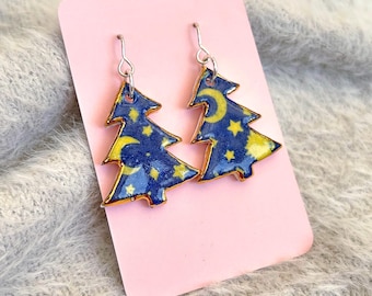 Ceramic Christmas tree dangles, night sky with gold lustre, sterling silver hooks