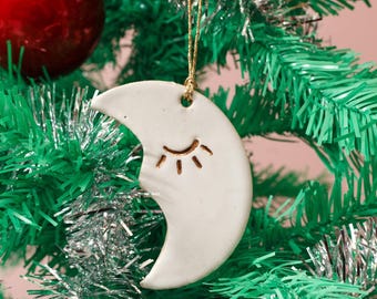 Ceramic Hanging Moon Decoration - Gold Lustre Eye with White Glaze