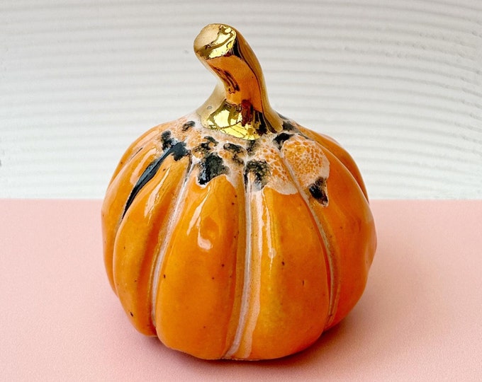Handmade Ceramic Pumpkin with Gold Lustre Stem