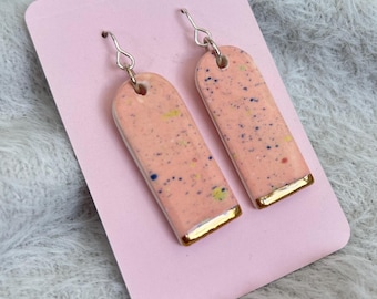 Handmade Ceramic Earrings - Hand-Painted Drop Earrings with Sterling Silver Hooks - Gold Lustre Detail