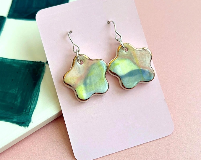 Handmade Ceramic Earrings - Hand-Painted Flower Drop Earrings with Sterling Silver Hooks - Gold Lustre Detail