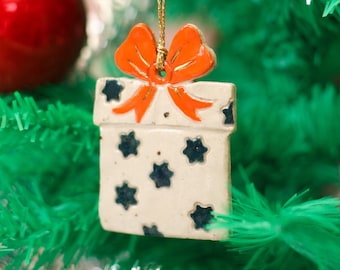 Handmade Ceramic Christmas Present with Bow Ornament: Colorful Stoneware Clay Xmas Decor