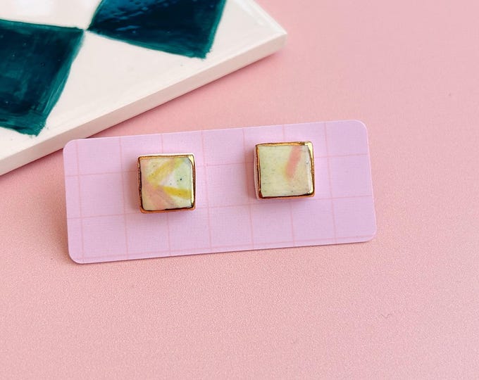 Hand-Painted Ceramic Square Stud Earrings with Gold Lustre | Sterling Silver Posts