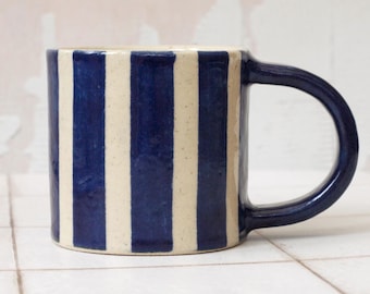 Handmade Stoneware Ceramic Striped Mug - blue and Clear Glaze on speckled clay