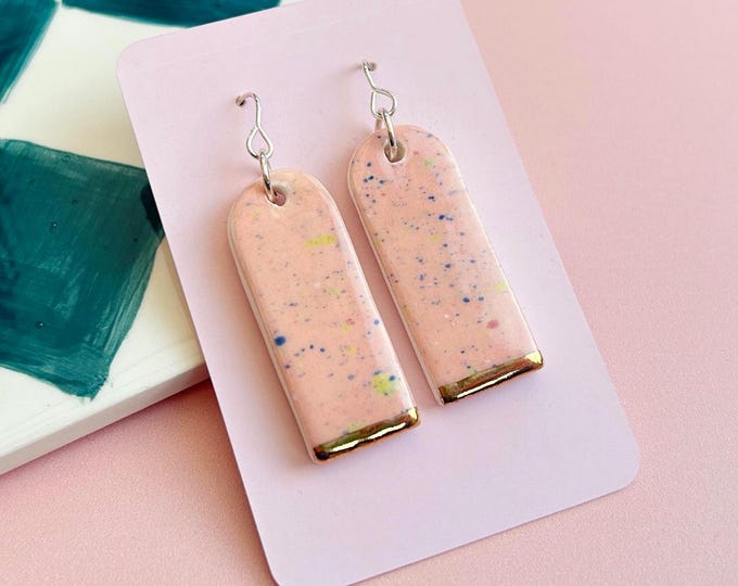 Handmade Ceramic Earrings - Hand-Painted Drop Earrings with Sterling Silver Hooks - Gold Lustre Detail