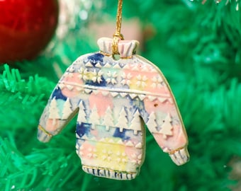 Christmas Tree Ornament with Colourful Glaze - Festive Jumper Design