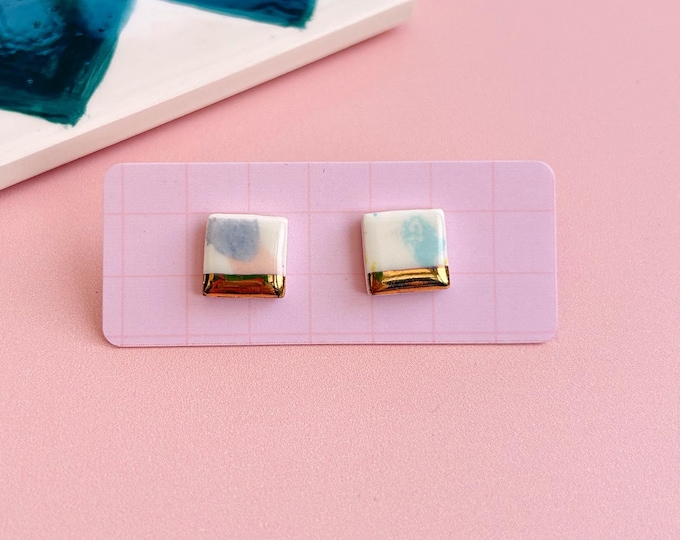 Hand-Painted Ceramic Square Stud Earrings with Gold Lustre | Sterling Silver Posts