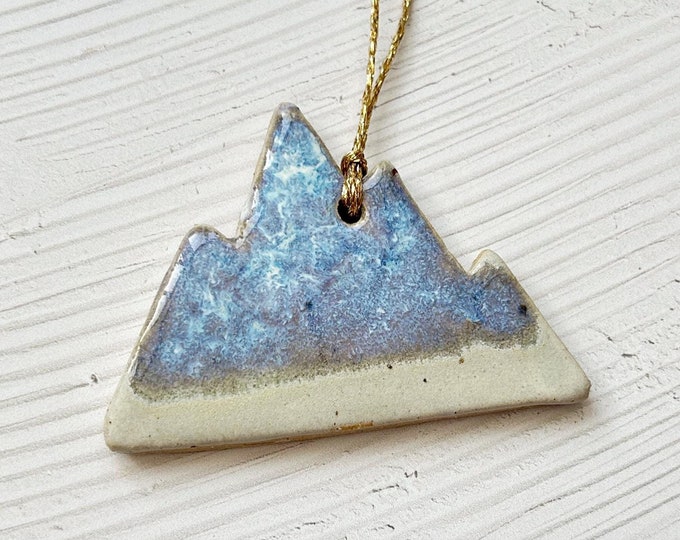 Hanging mountain snowy peak tree ornament, Christmas decoration, speckled stoneware clay, blue and white glaze, handmade holiday decor