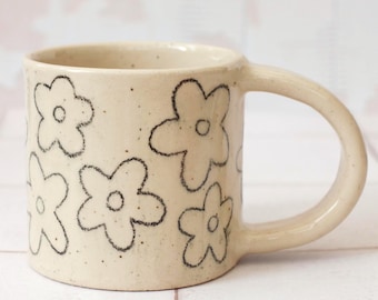 Handmade Stoneware Coffee Mug: Hand-Drawn Floral pencil Design