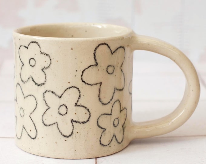Handmade Stoneware Coffee Mug: Hand-Drawn Floral pencil Design