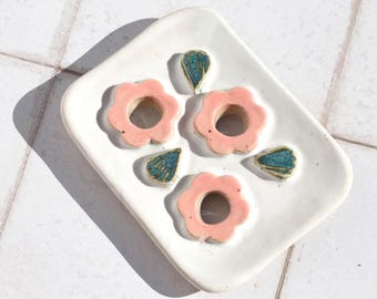Handmade Ceramic Stoneware Soap Dish: Pink Flower and Green Leaf Design