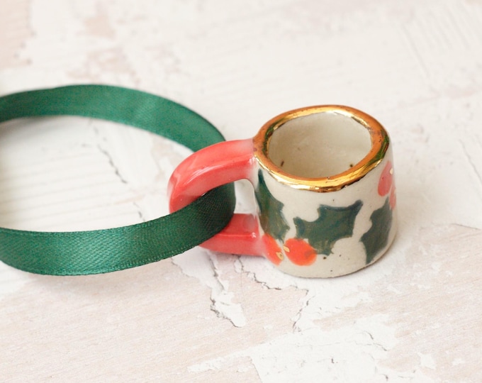 Hand-Painted Mini Mug Ornament With Christmas Berries :  Stoneware Ceramic with Gold Lustre