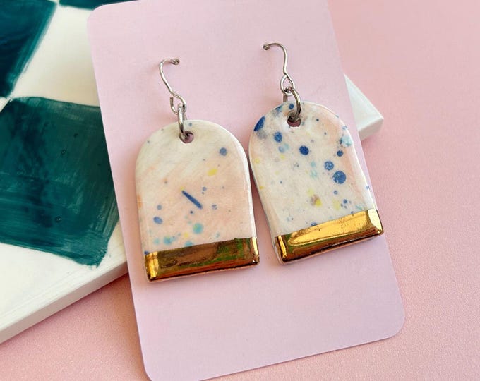 Handmade Ceramic Earrings - Hand-Painted Drop Earrings with Sterling Silver Hooks - Gold Lustre Detail